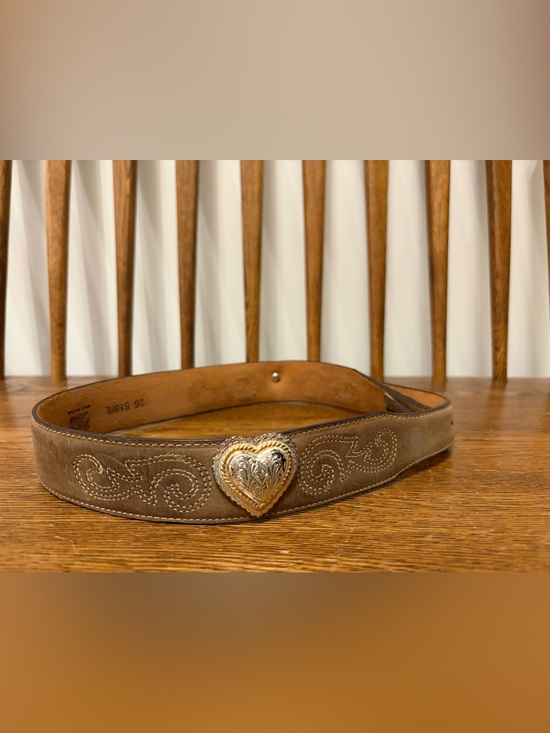 Tony Lama Accessories - Vintage Tony Lama Brown Leather Western Belt Heart Buckle Engraved Tip Size 28